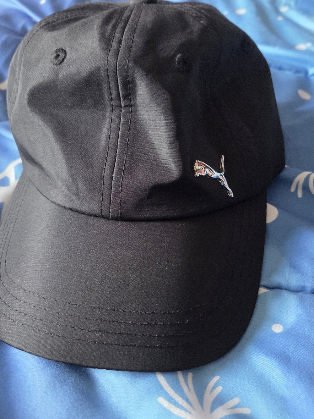 Puma Black Adjustable Cap OSFA Silver Metal Cat Logo Strapback Athletic Hat